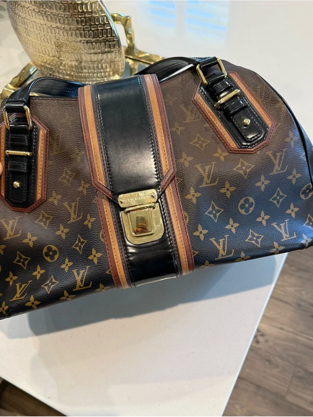 Louis Vuitton Monogram Canvas Duffel with Black Center Strap & Tan Trim